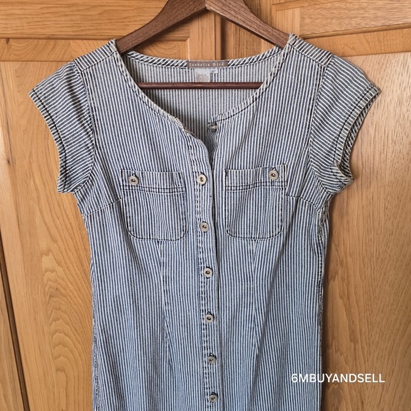 Isabella Bird Women's 4P Blue Railroad Striped Midi Sleeveless Button Down Dress - Picture 2 of 12